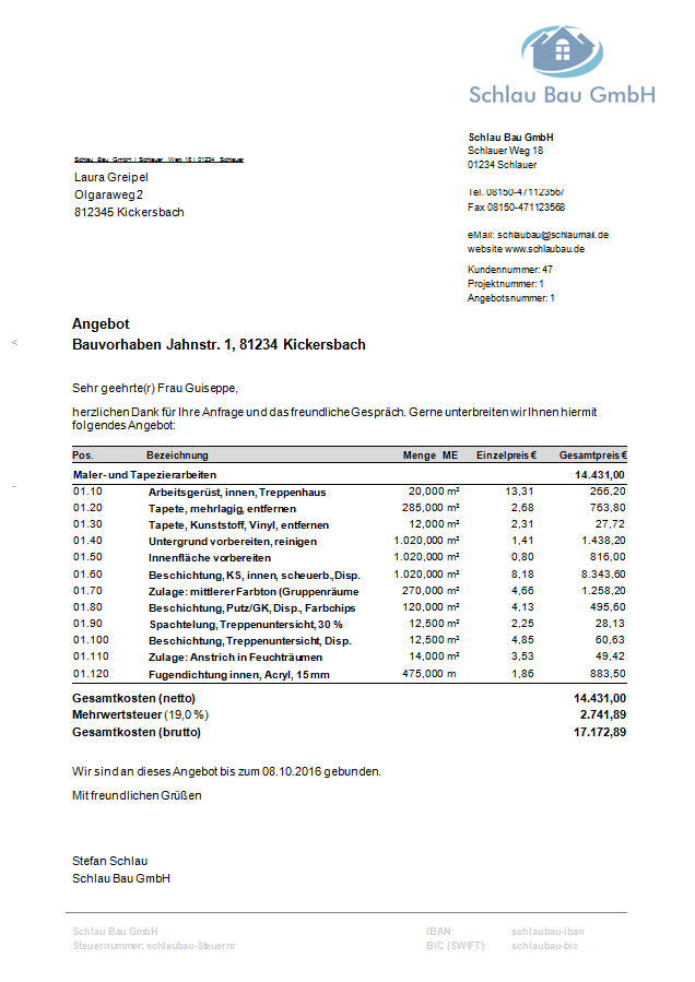 Musterausdruck für ein Angebot Kurztext