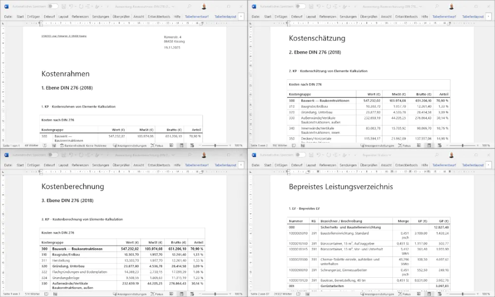 SIRADOS Kostenplanung Ausdrucke