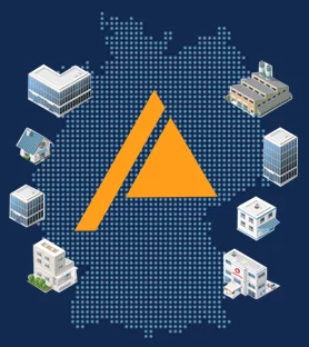 Eine stilisierte Karte von Deutschland aus Punkten mit dem orangefarbenen SIRADOS Logo in der Mitte. Um die Karte herum sind verschiedene Gebäudesymbole, darunter Büros, Fabriken und Häuser, auf einem dunkelblauen Hintergrund zu sehen.