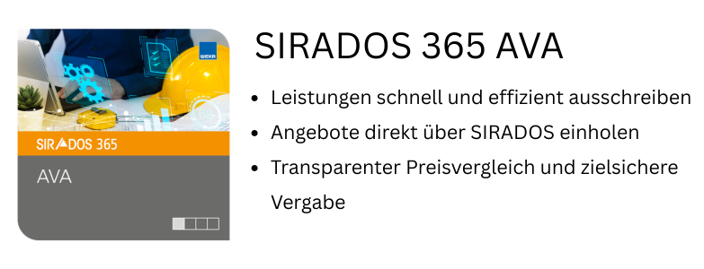 Das Thema SIRADOS 365 AVA wird dargestellt mittels der Produktabbildung sowie weiteren Punkten mit Vorteilen, wie Leistungen effizient ausschreiben.