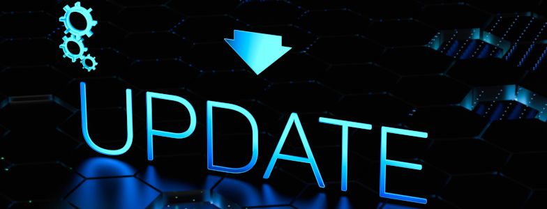 Dunkelblauer Hintergrund mit türkiser schrift drauf mit dem Wort "Update" und einem Pfeil darauf.