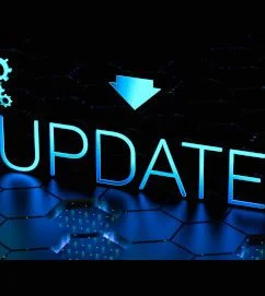 Dunkelblauer Hintergrund mit auffällig türkiser Schrift mit dem Wort "Update" und einem Pfeil darauf.