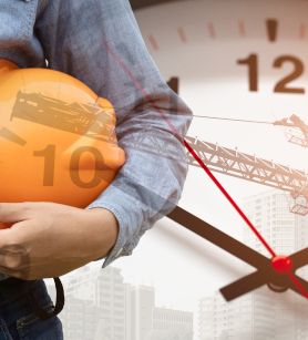 Das Thema Ausschreibung Stundenlohnarbeiten wird dargestellt mittels eines Handwerkers mit einem Helm in der Hand. Im Hintergrund sieht man eine überdimensionale Uhr.