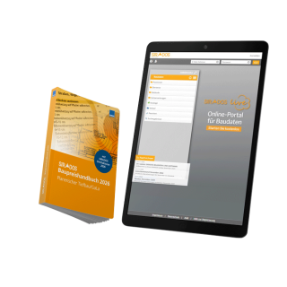 Produktabbildung des SIRADOS Baupreishandbuchs Tiefbau 2026: Darstellung eines Taschenbuchs mit Online-Zugang auf dem Tablet mit Baupreisinformationen für den planerischen Tiefbau