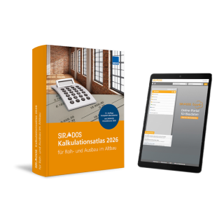 Produktabbildung des SIRADOS Kalkulationsatlas Altbau 2026 mit digitaler Version auf dem Tablet mit Baupreisen und Kalkulationsansätzen