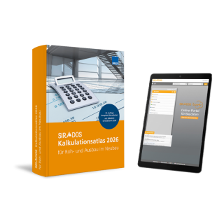 Produktabbildung des SIRADOS Kalkulationsatlas Neubau 2026 mit Online-Version auf dem Tablet mit Kalkulationsansätzen und Baupreisen