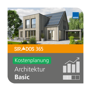 Produktabbildung von SIRADOS 365 Architektur Basic inkl. Kostenplanung: Online-Version für Architekten, dargestellt mit einem modernen Haus.