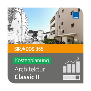 Produktabbildung von SIRADOS 365 Architektur Classic II inkl. Kostenplanung: Online-Version für Architekten, dargestellt mit einer Wohnsiedlung und Text mit dem Produktnamen