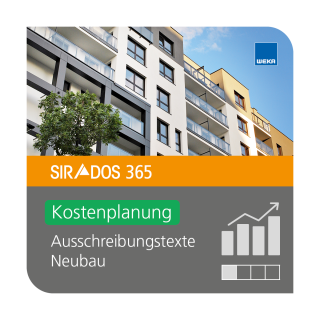 Produktabbildung von SIRADOS 365 Kostenplanung Neubau: Online-Version für Architekten, dargestellt mit einem modernen Mehrfamilienhaus und Text mit dem Produktnamen