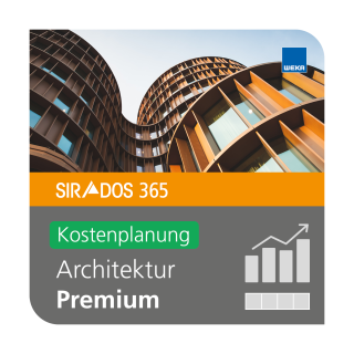 Produktabbildung von SIRADOS 365 Architektur Premium inkl. Kostenplanung: Online-Version für Architekten, dargestellt mit einem sehr modernen Gebäude und Text mit dem Produktnamen