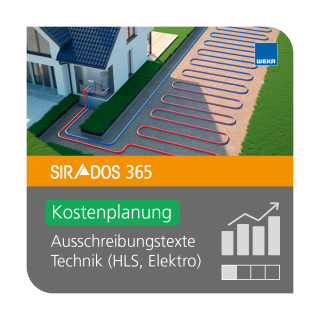 Produktabbildung von SIRADOS 365 Kostenplanung Technik: Online-Version für Architekten, dargestellt mit verlegten Leitungen vor einem Neubau und Text mit dem Produktnamen