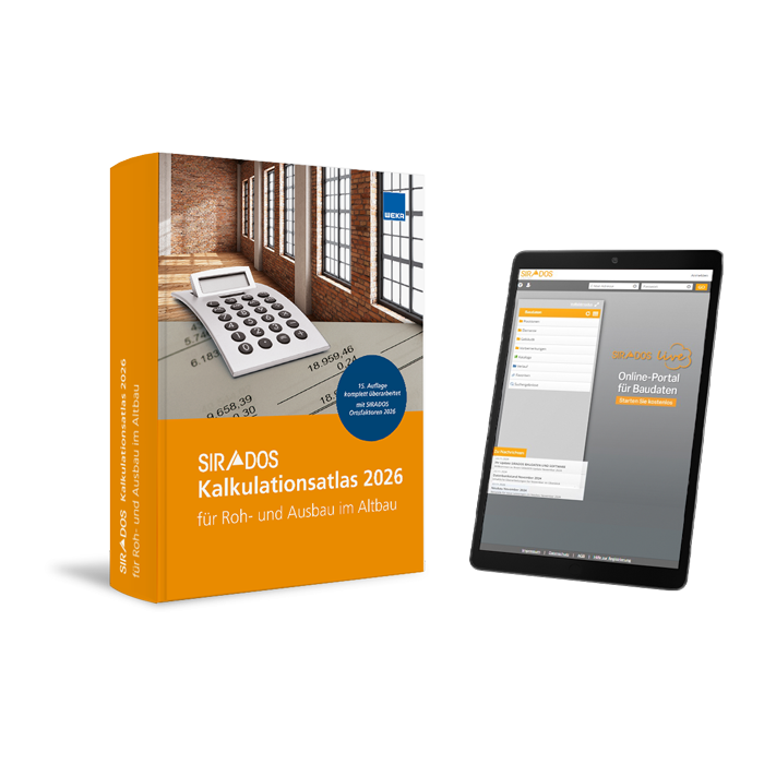 Produktabbildung des SIRADOS Kalkulationsatlas Altbau 2026 mit digitaler Version auf dem Tablet mit Baupreisen und Kalkulationsansätzen
