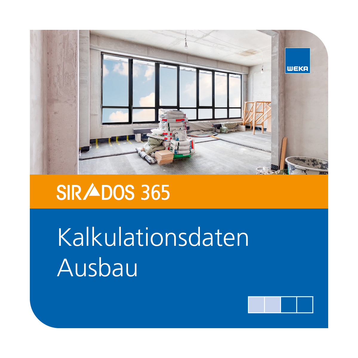 Produktabbildung von SIRADOS 365 Kalkulationsdaten Ausbau: Online-Version dargestellt mit Ausbauarbeiten und Text mit dem Produktnamen