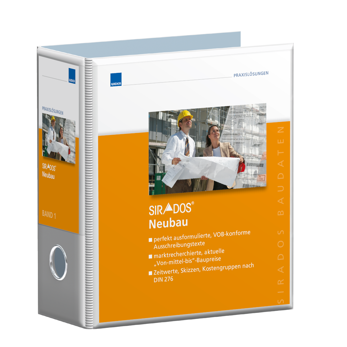 Produktabbildung des SIRADOS Praxishandbuchs Neubau dargestellt als Ordner mit einem Titelbild darauf, das einen Architekt und eine Architektin auf einer Baustelle zeigt. Unter dem Titelbild erscheint der Titel "SIRADOS Neubau" mit einigen wichtigen Aufzä