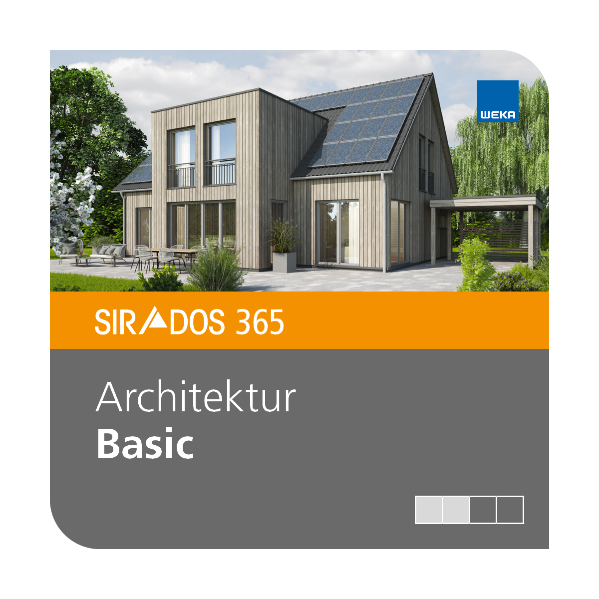 Produktabbildung von SIRADOS 365 Architektur Basic: Kombination aus Altbau und Neubau als Online-Version für Architekten und Planer, dargestellt mit einem modernen Haus und Text mit dem Produktnamen