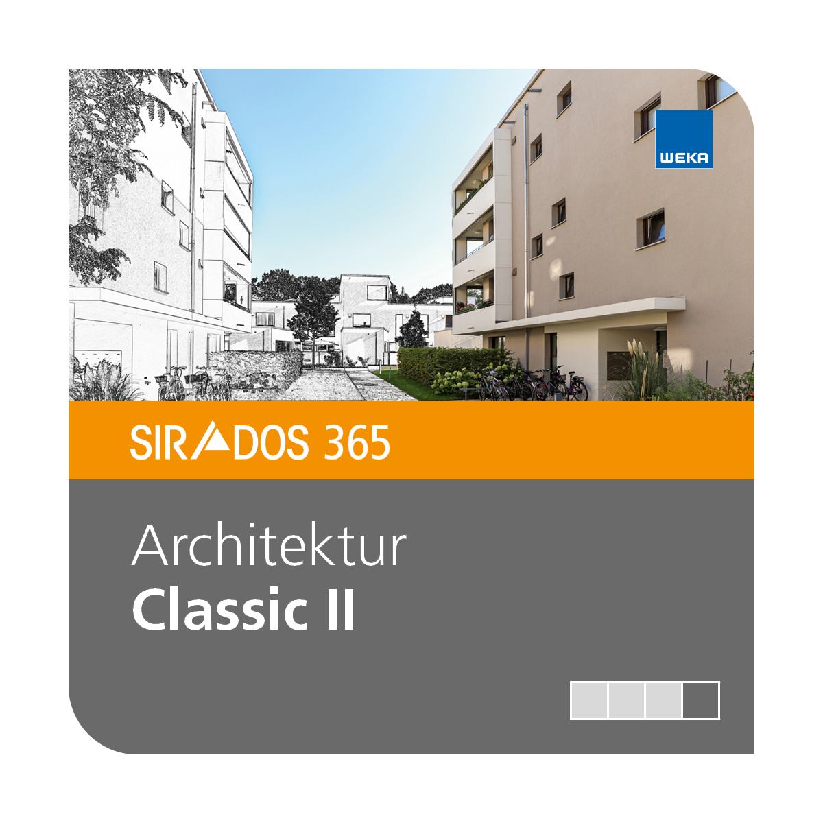 Produktabbildung von SIRADOS 365 Architektur Classic II: Kombination aus Altbau, Neubau und Technik als Online-Version, dargestellt mit einem Wohnkomplex und Text mit dem Produktnamen