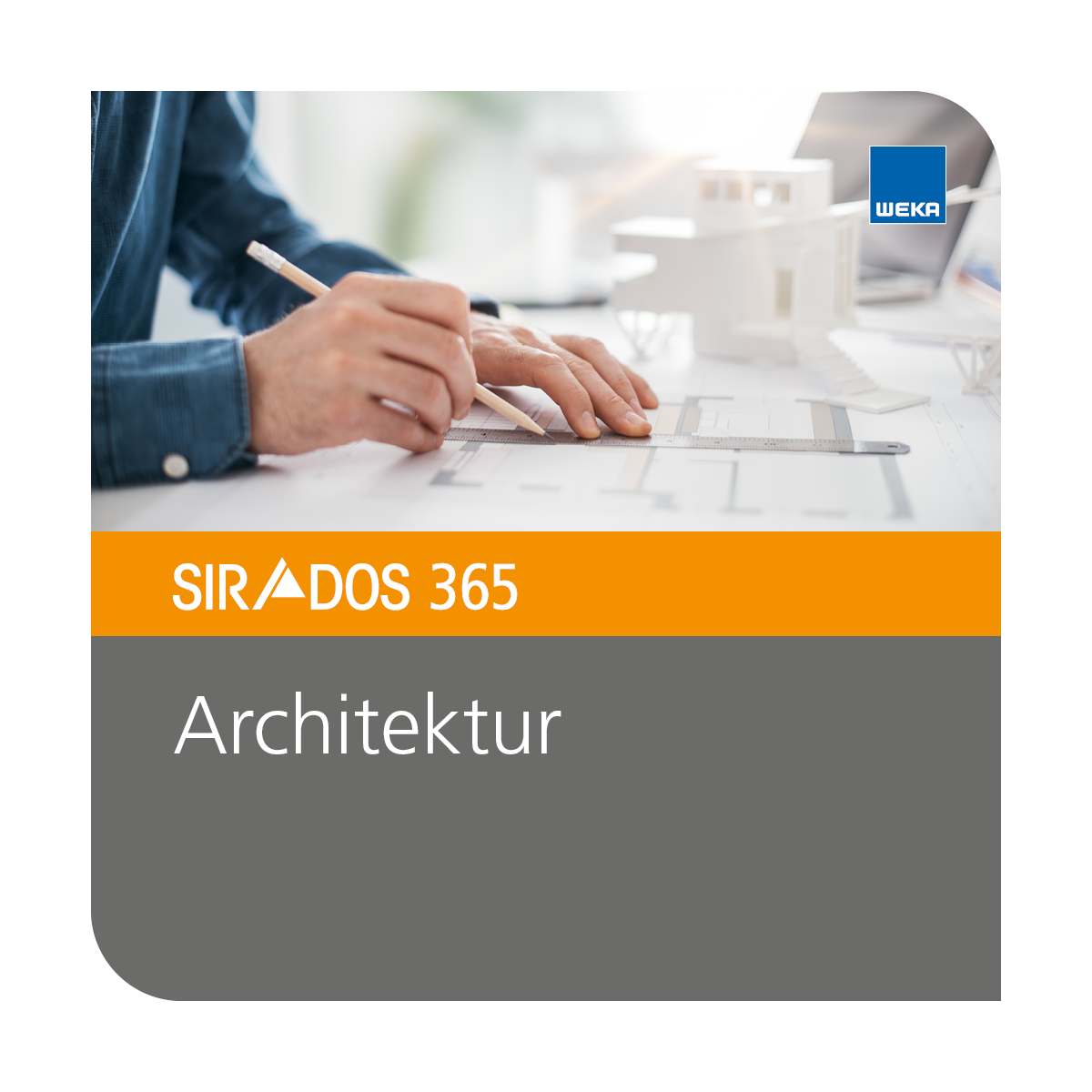 SIRADOS 365 Architekturpakete - Ausschreibungstexte für Architekten - Cover mit einem Architekten am Schreibtisch, der Pläne zeichnet und dem Produkttitel.