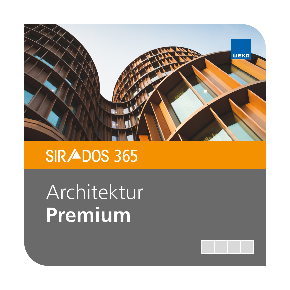 Produktabbildung von SIRADOS 365 Architektur Premium: Online-Version für Architekten und Planer, dargestellt mit einem Architekturdesign und Text mit dem Produktnamen
