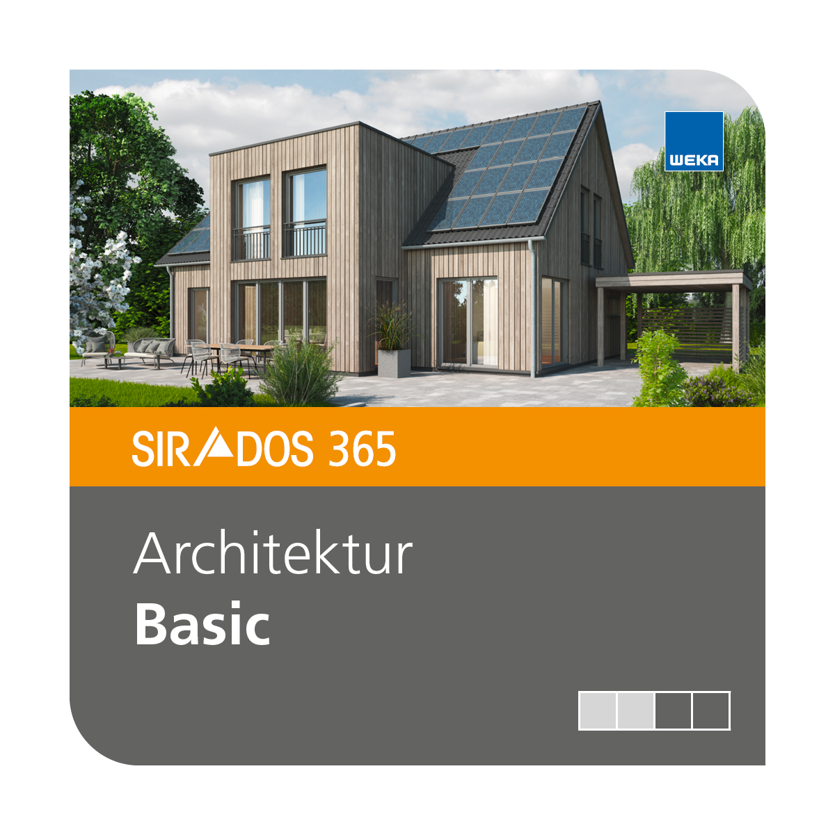 Produktabbildung von SIRADOS 365 Architektur Basic: Kombination aus Altbau und Neubau als Online-Version für Architekten und Planer, dargestellt mit einem modernen Haus und Text mit dem Produktnamen