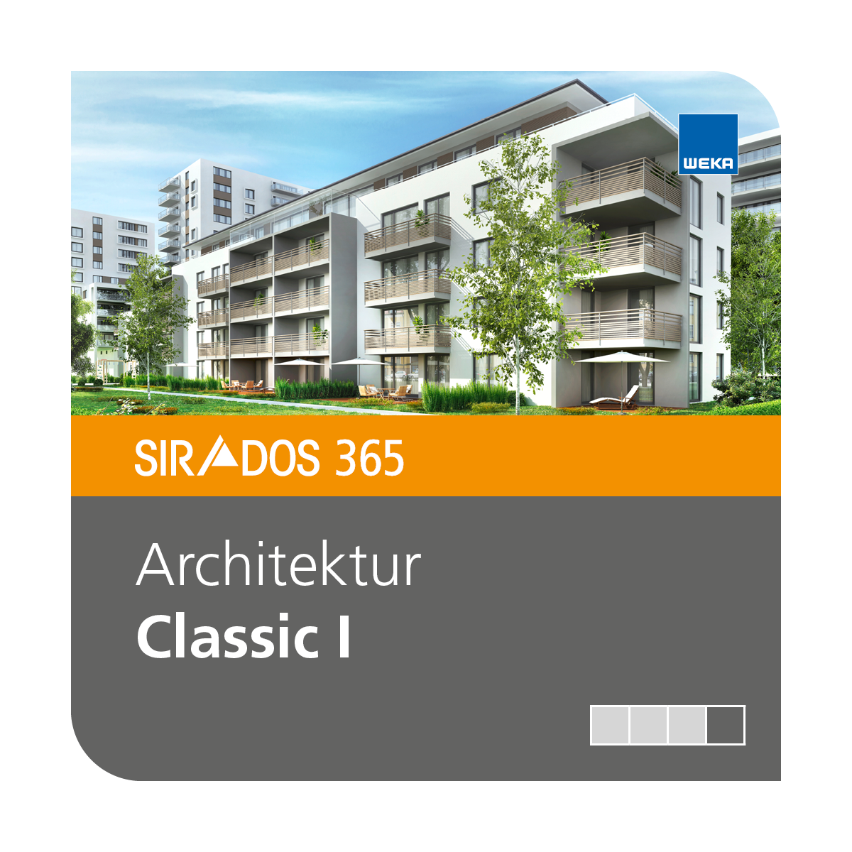 Produktabbildung von SIRADOS 365 Architektur Classic I: Kombination aus Altbau, Neubau und Tiefbau als Online-Version, dargestellt mit einem Wohngebäude und Text mit dem Produktnamen