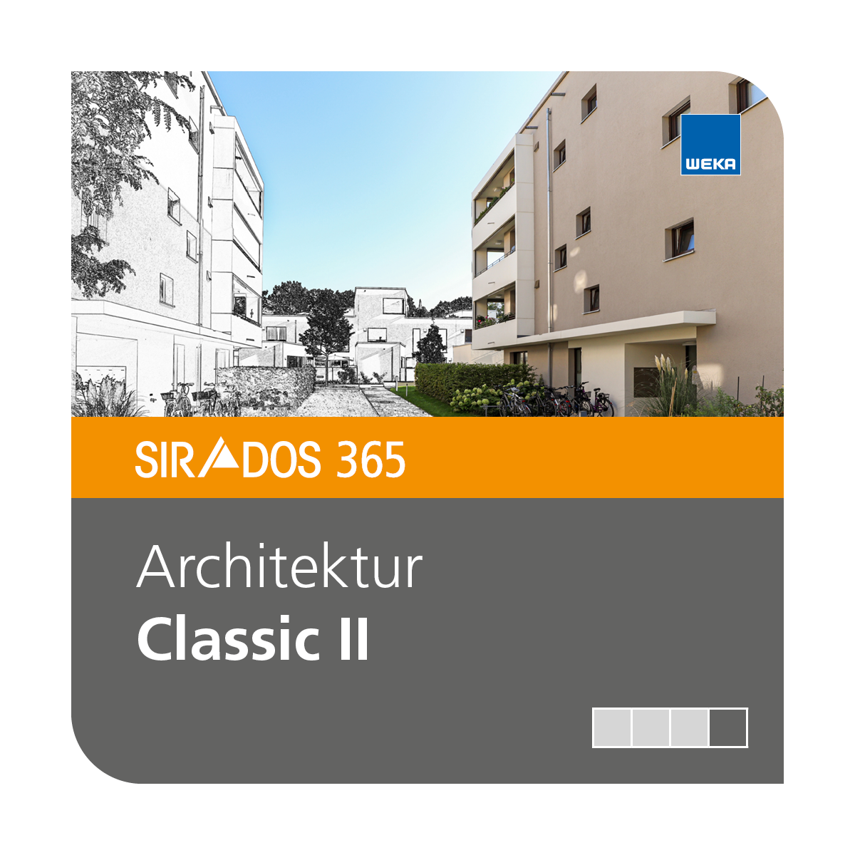 Produktabbildung von SIRADOS 365 Architektur Classic II: Kombination aus Altbau, Neubau und Technik als Online-Version, dargestellt mit einem Wohnkomplex und Text mit dem Produktnamen