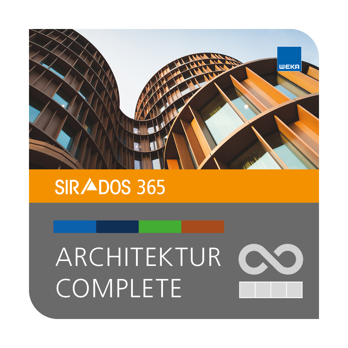 Produktabbildung der Online-Software Architektur Complete von SIRADOS für alle Bereiche dargestellt mit einem modernen Gebäude sowie dem Produkttitel