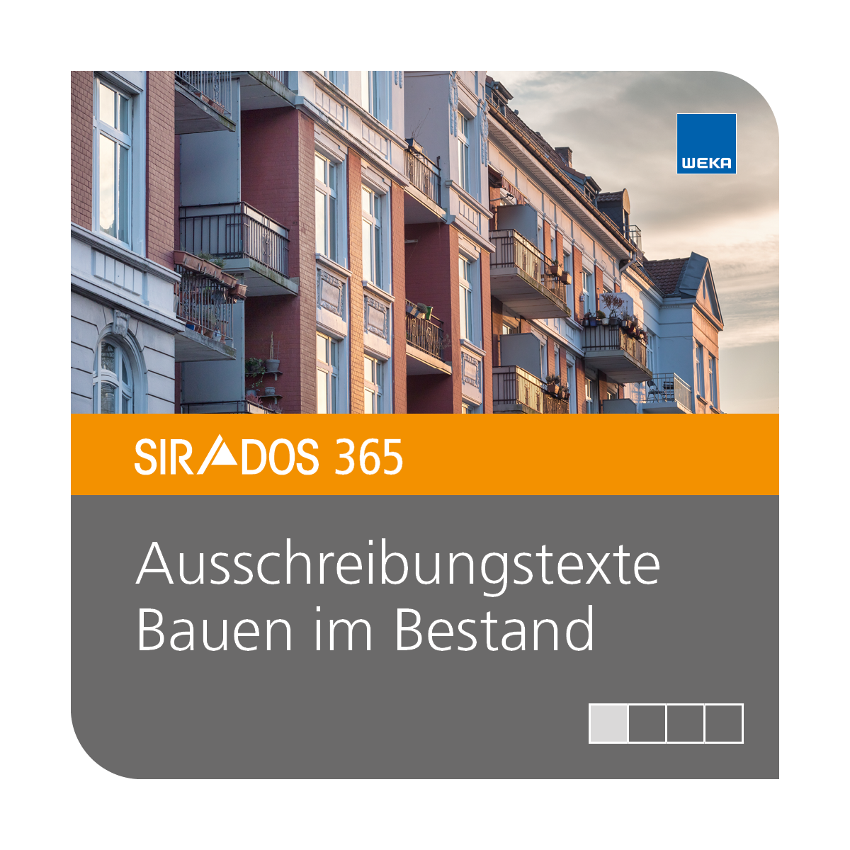 Produktabbildung von SIRADOS 365 Ausschreibungstexte Altbau: Online-Version für Architekten, dargestellt mit einem Wohngebäude und Text mit dem Produktnamen