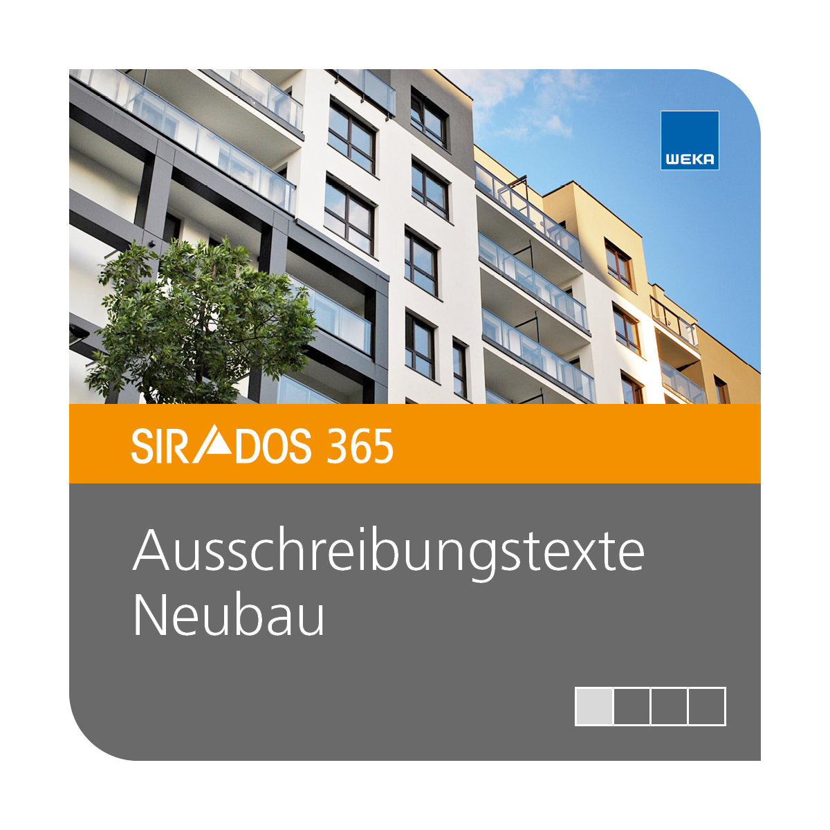 Produktabbildung von SIRADOS 365 Ausschreibungstexte Neubau: Ausschreibungstexte Neubau als Online-Version für Architekten und Planer, dargestellt mit einem modernen Haus und Text mit dem Produktnamen