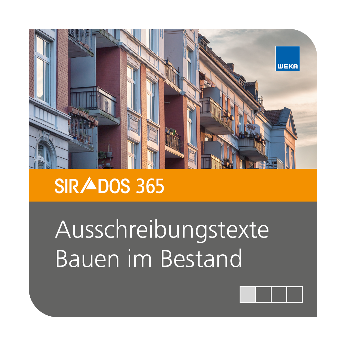 Produktabbildung von SIRADOS 365 Ausschreibungstexte Altbau: Online-Version für Architekten, dargestellt mit einem Wohngebäude und Text mit dem Produktnamen