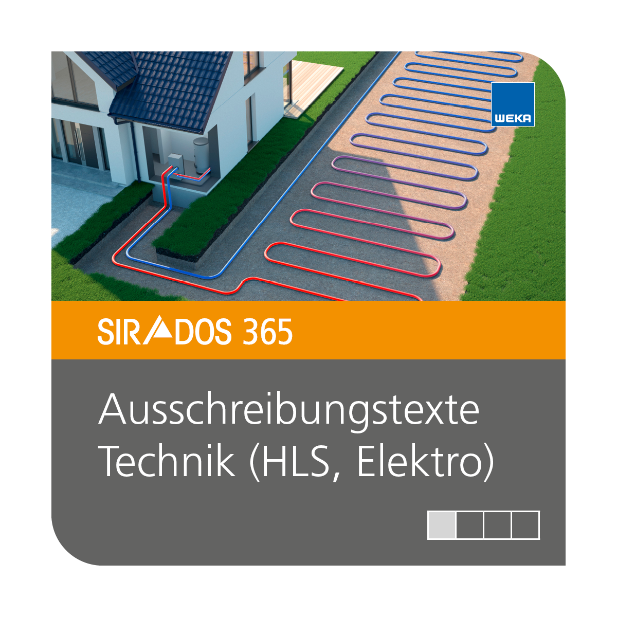 Produktabbildung von SIRADOS 365 Ausschreibungstexte Technik (HLS/Elektro): Online-Version für Architekten, dargestellt mit einem Haus und dessen Leistungen der Heizung und Text mit dem Produktnamen
