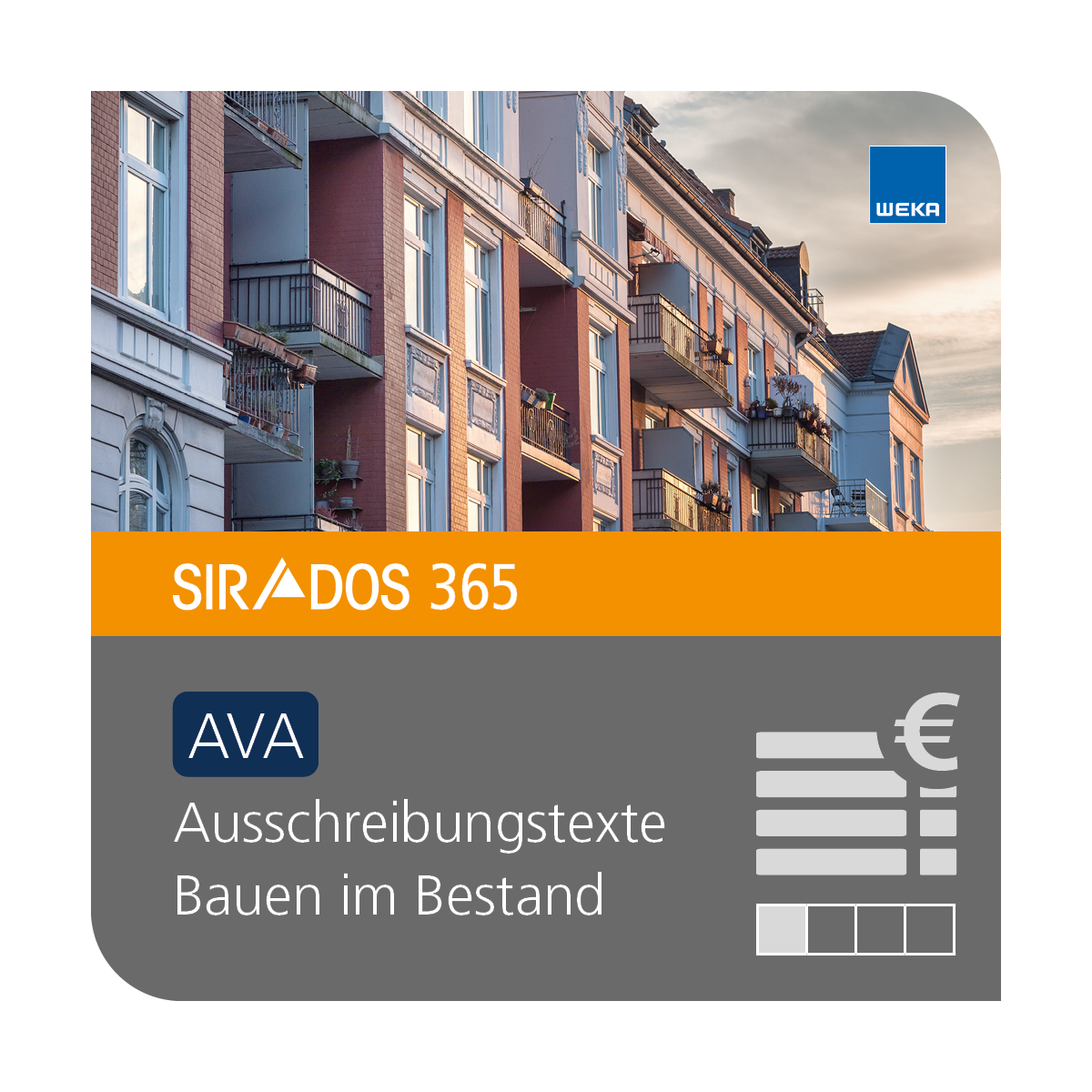 Produktabbildung von SIRADOS 365 AVA Altbau: Online-Version für Architekten, dargestellt mit Altbau Gebäuden und Text mit dem Produktnamen