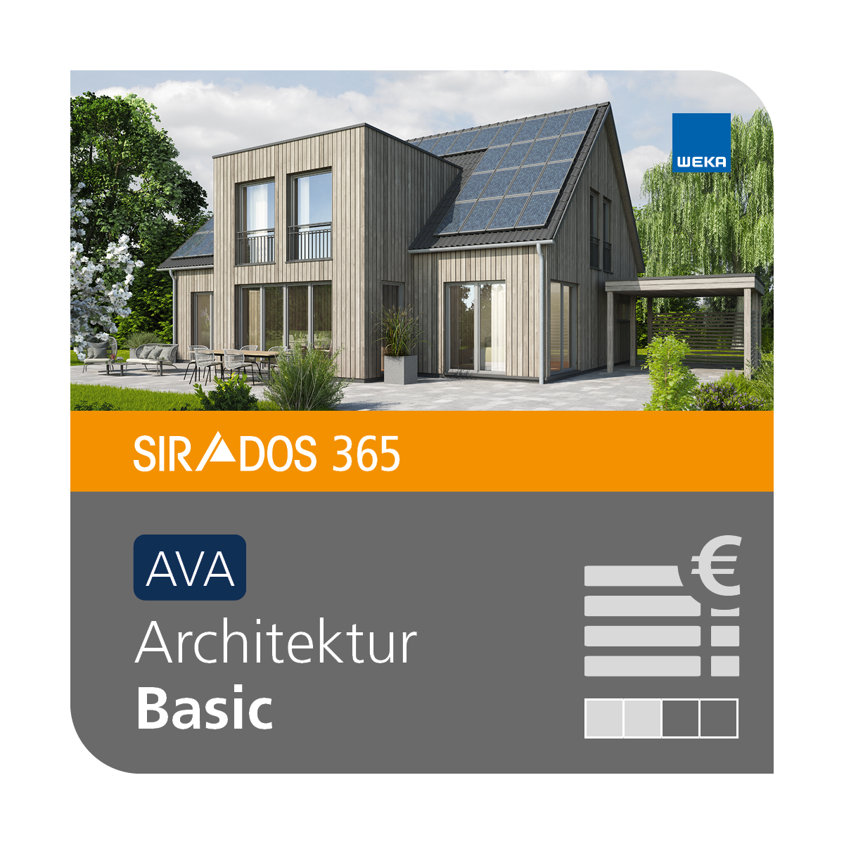 Produktabbildung von SIRADOS 365 AVA Basic: Online-Version für Architekten, dargestellt mit einem modernen Holzhaus sowie dem Produktnamen