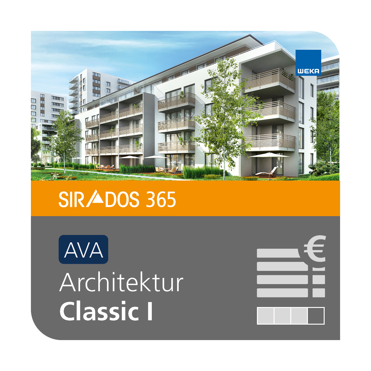 Produktabbildung der Online-Software AVA Classic I von SIRADOS für Altbau, Neubau und Tiefbau dargestellt mit einem modernen Mehrfamilienhaus sowie dem Produkttitel