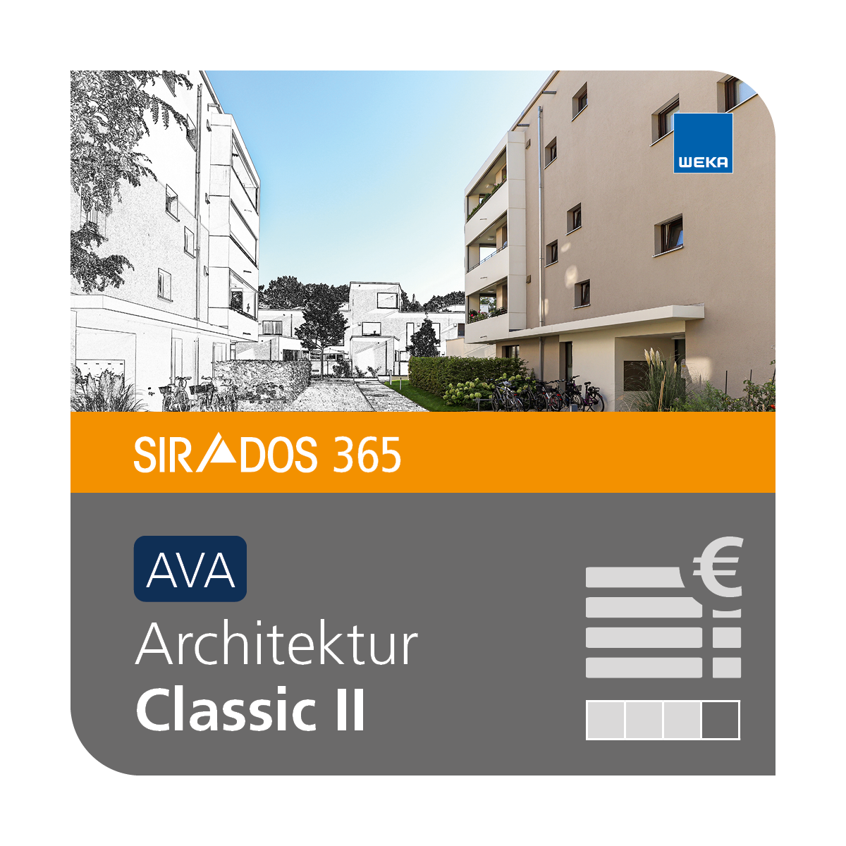 Produktabbildung der Online-Software AVA Classic II von SIRADOS für Altbau, Neubau und Technik dargestellt mit Wohngebäuden sowie dem Produkttitel