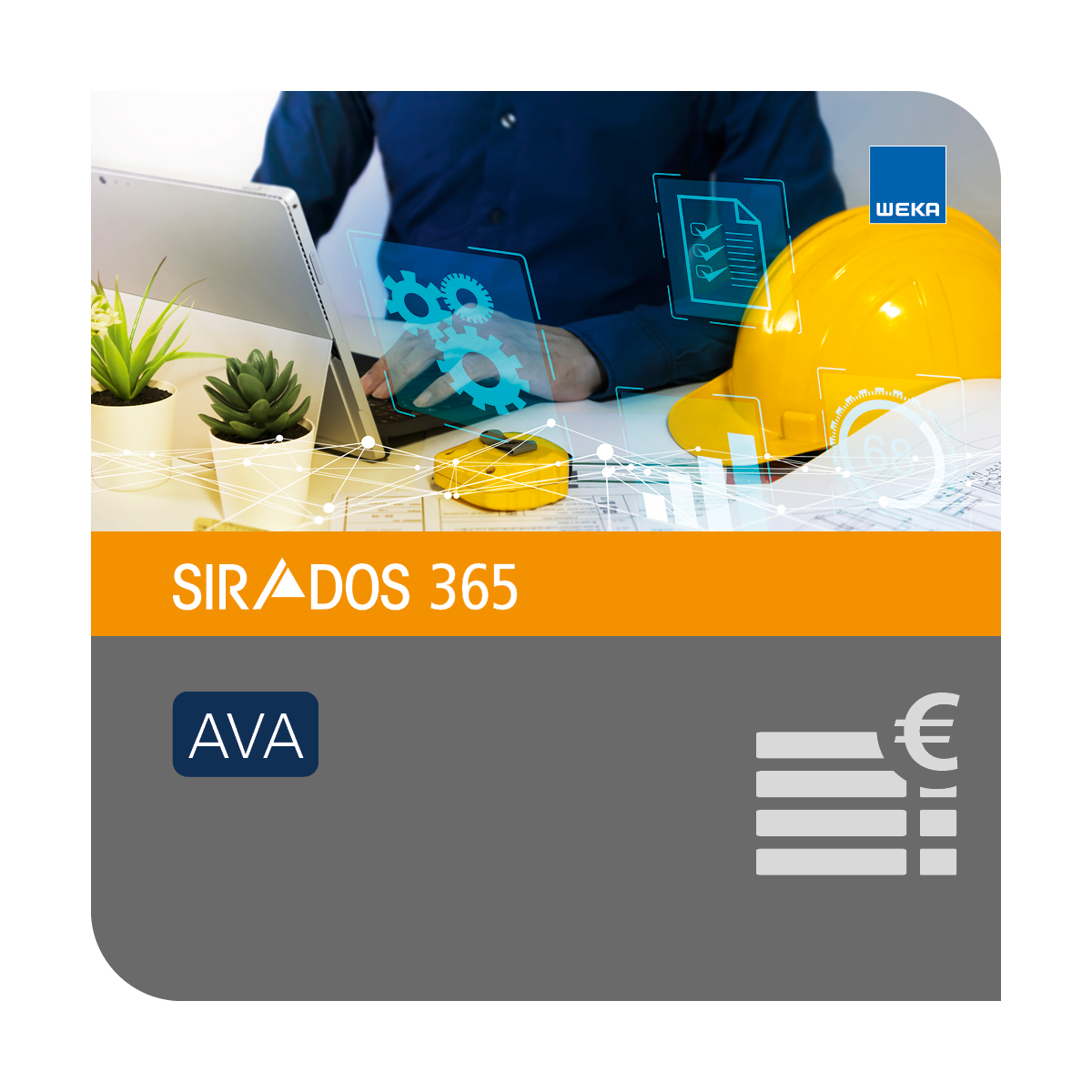 SIRADOS 365 AVA - Ausschreiben leicht gemacht Software - Cover mit Laptop, Helm und Bildschirmen und dem Produkttite