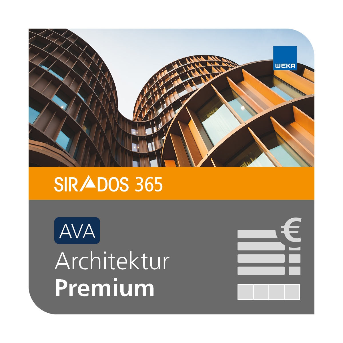 Produktabbildung der Online-Software AVA Premium von SIRADOS für alle Bereiche dargestellt mit einem modernen Gebäude sowie dem Produkttitel