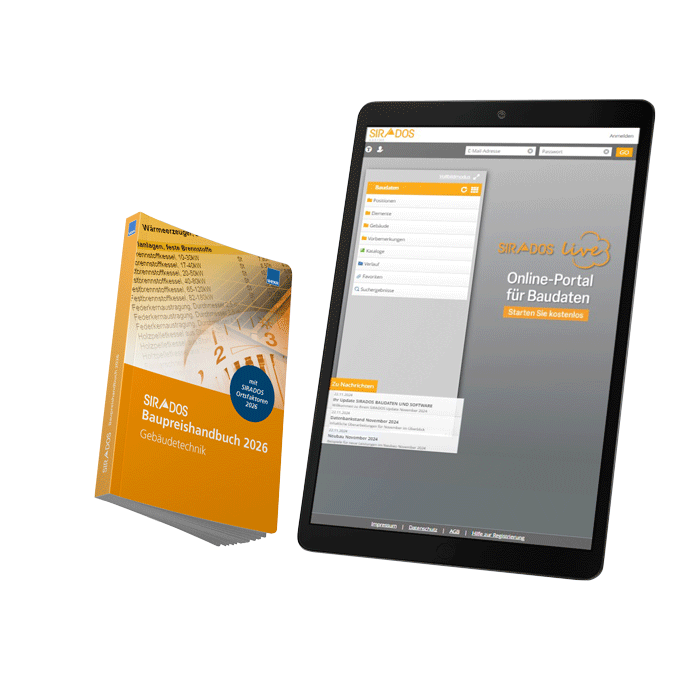 Produktabbildung des SIRADOS Baupreishandbuchs Gebäudetechnik 2026: Darstellung eines Taschenbuchs mit Online-Zugang auf dem Tablet mit Baupreisinformationen für die Gebäudetechnik