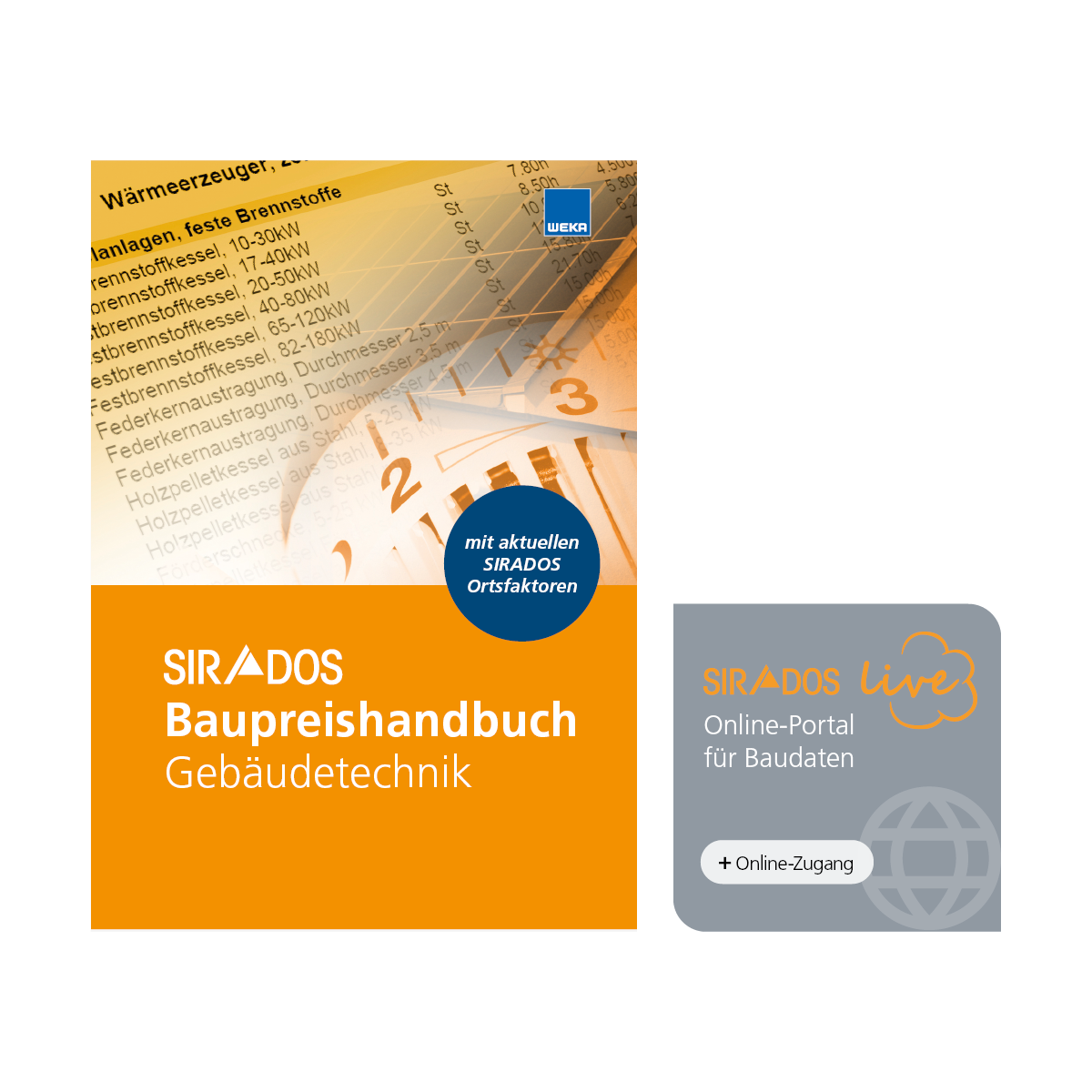 Produktabbildung des SIRADOS Baupreishandbuchs Gebäudetechnik 2026: Darstellung eines Taschenbuchs mit Online-Zugang auf dem Tablet mit Baupreisinformationen für die Gebäudetechnik