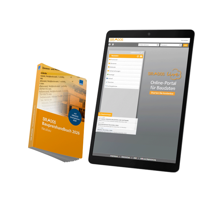 Produktabbildung des SIRADOS Baupreishandbuch Neubau 2026: Darstellung eines Taschenbuchs mit Online-Zugang auf dem Tablet für Neubauprojekte