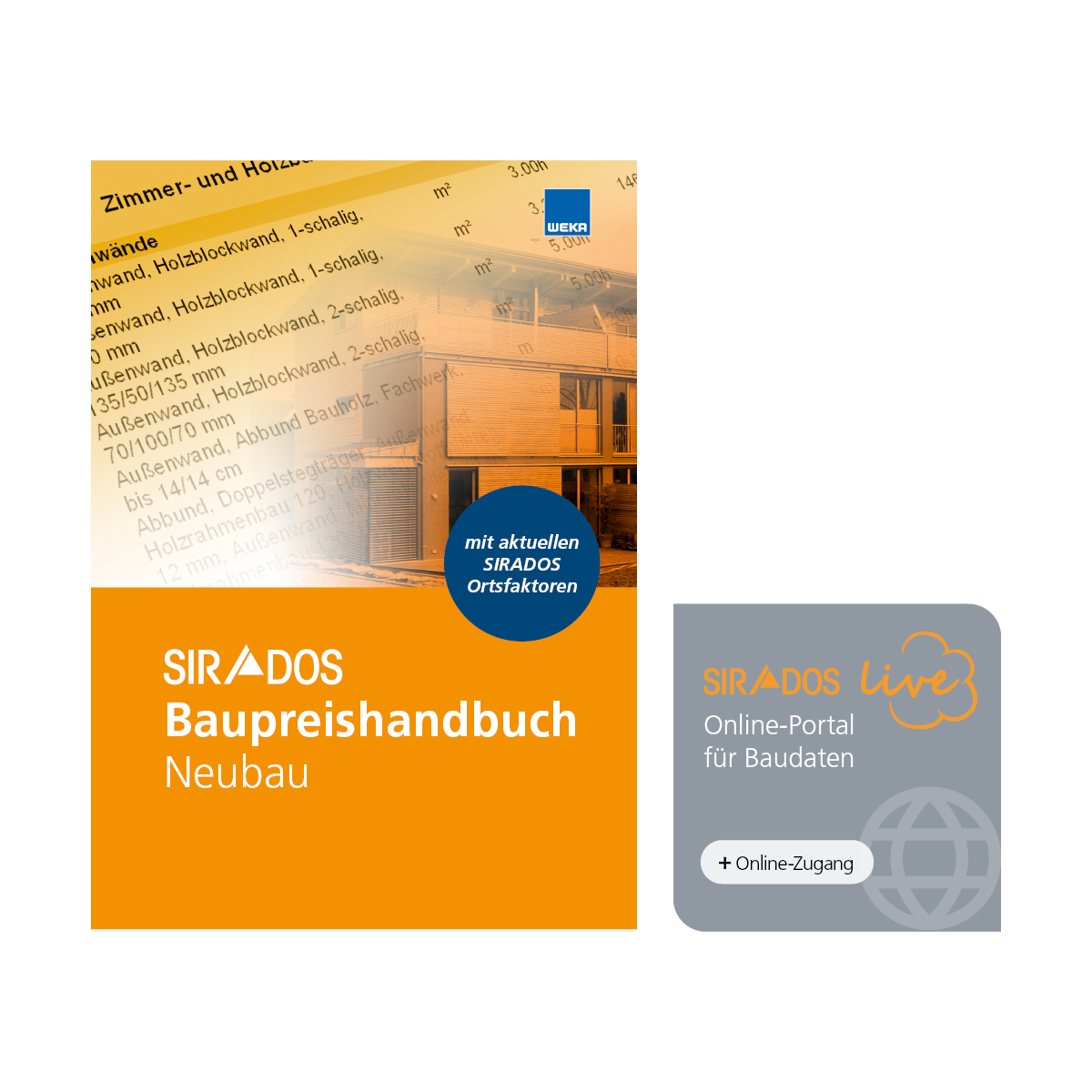 Produktabbildung des SIRADOS Baupreishandbuch Neubau 2026: Darstellung eines Taschenbuchs mit Online-Zugang auf dem Tablet für Neubauprojekte