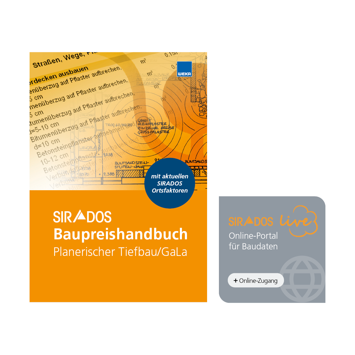 Produktabbildung des SIRADOS Baupreishandbuchs Tiefbau: Darstellung eines Taschenbuchs mit Online-Zugang auf dem Tablet mit Baupreisinformationen für den planerischen Tiefbau