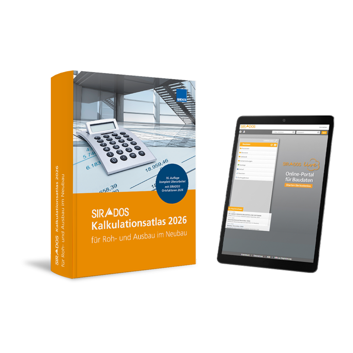 Produktabbildung des SIRADOS Kalkulationsatlas Neubau 2026 mit Online-Version auf dem Tablet mit Kalkulationsansätzen und Baupreisen