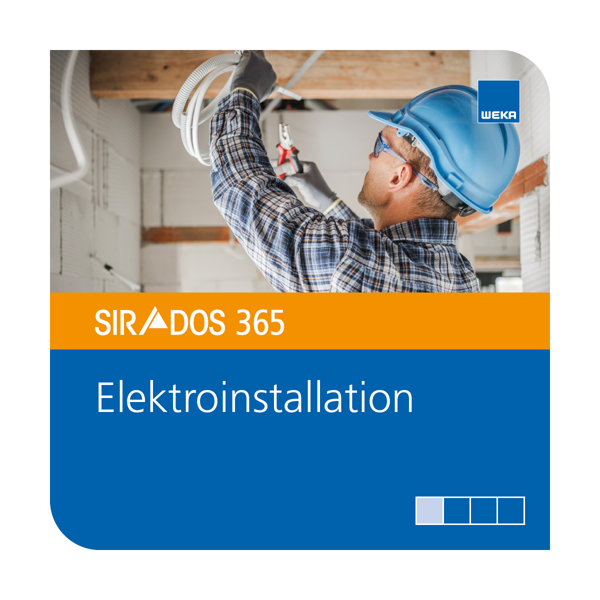 Produktabbildung von SIRADOS 365 Kalkulationsdaten Elektroinstalltion: Online-Version dargestellt mit einem Elektriker und Text mit dem Produktnamen