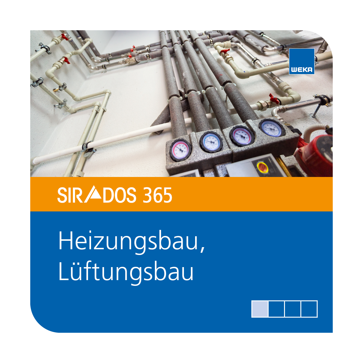 Produktabbildung von SIRADOS 365 Kalkulationsdaten Heizungs- und Lüftungsbau: Online-Version dargestellt mit einem Heizungskeller und Text mit dem Produktnamen