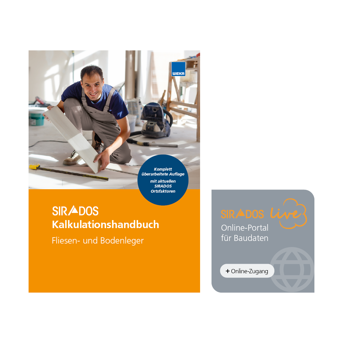 Produktabbildung: Cover des Kalkulationshandbuchs Fliesen- und Bodenleger. Das Titelbild zeigt einen Fliesenleger. Darunter ist der Titel zu sehen. Daneben ist die selbe Abbildung nochmal in einem Tablet zu erkennen.