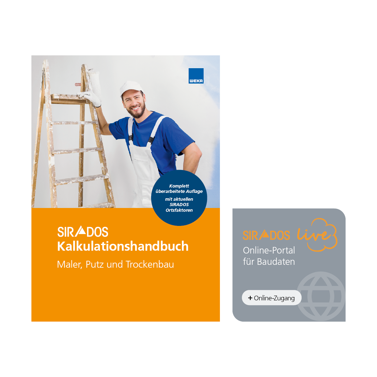 Produktabbildung: Cover des Kalkulationshandbuchs Maler, Putz und Trockenbau. Das Titelbild zeigt einen Maler in Arbeitskleidung angelehnt an eine Leiter. Darunter der Titel. Daneben ein grauer Viereck mit dem Hinweis SIRADOS Live + Online-Zugang.
