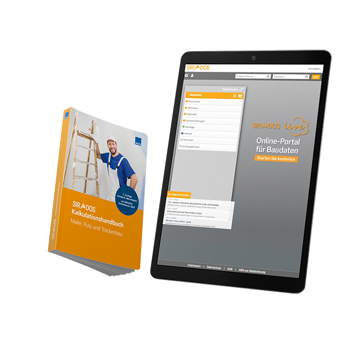 Produktabbildung: Cover des Kalkulationshandbuchs Maler, Putz und Trockenbau. Das Titelbild zeigt einen Maler in Arbeitskleidung angelehnt an eine Leiter. Darunter ist der Titel zu sehen. Daneben ist die selbe Abbildung nochmal in einem Tablet zu erkennen