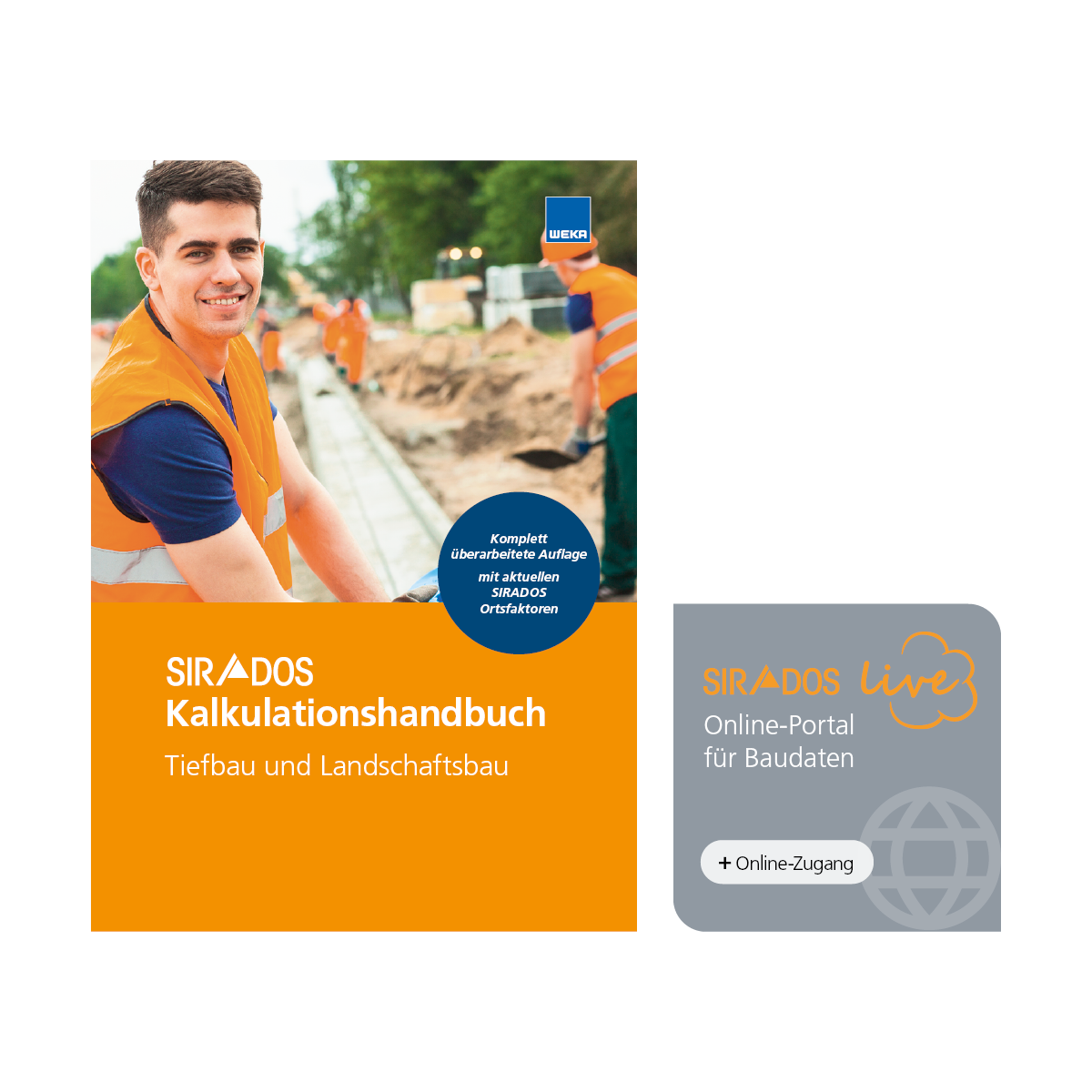 Produktabbildung: Cover des Kalkulationshandbuchs Tiefbau und Landschaftsbau. Das Titelbild zeigt einen Bauarbeiter, im Hintergrund eine Baustelle. Darunter ist der Titel zu sehen. Das Cover wird nochmals in einem Tablet dargestellt.