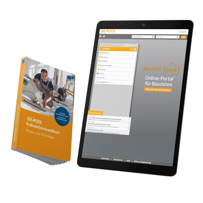 Produktabbildung: Cover des Kalkulationshandbuchs Fliesen- und Bodenleger. Das Titelbild zeigt einen Fliesenleger. Darunter ist der Titel zu sehen. Daneben ist die selbe Abbildung nochmal in einem Tablet zu erkennen.