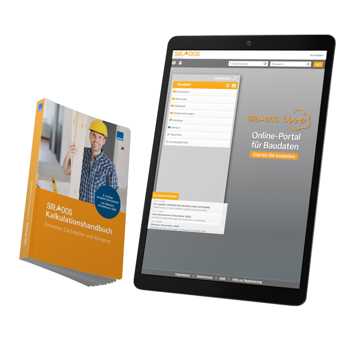 Produktabbildung: Cover des Kalkulationshandbuchs Zimmerer, Dachdecker und Klempner. Das Titelbild zeigt einen Zimmerer. Darunter ist der Titel abgebildet. Das Cover wird nochmals in einem Tablet dargestellt.